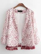 Romwe Red White Casual Floral Tassel Coat