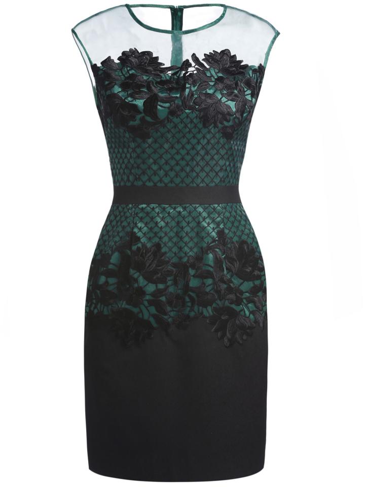 Romwe Dark Green Round Neck Sleeveless Contrast Gauze Embroidered Dress