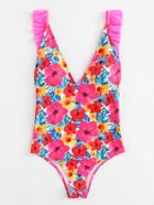 Romwe Flower Print Ruffle Backless Swimsuit