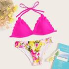 Romwe Neon Pink Scallop Halter Top With Random Plants Print Bikini