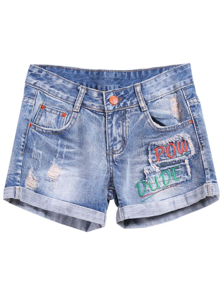 Romwe Bleached Ripped Flange Denim Shorts