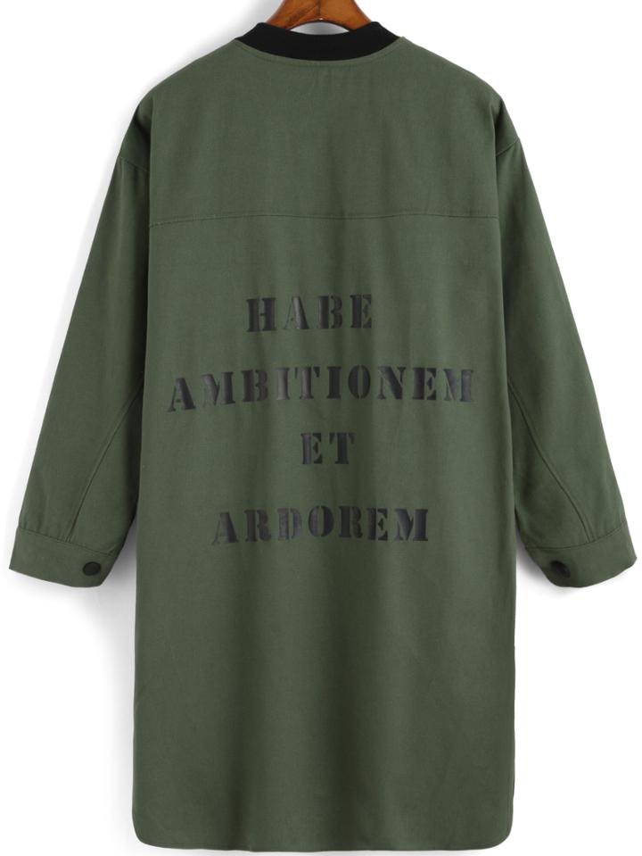 Romwe Letter Print Buttons Pockets Army Green Coat
