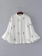 Romwe Floral Embroidery Fluted Sleeve Blouse