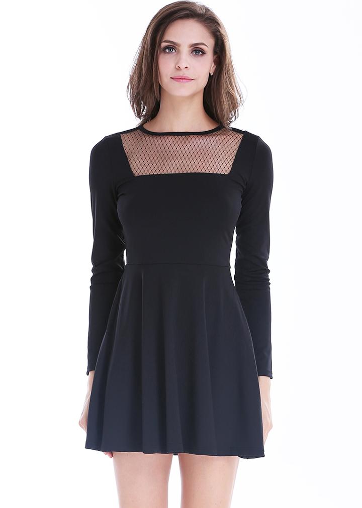 Romwe Hollow Mesh Square Neck Black Dress