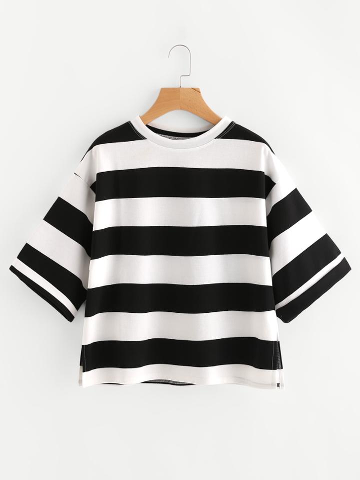 Romwe Wide Stripe Dolphin Hem Tee