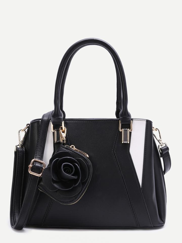Romwe Black Patchwork Leather Floral Pendant Shoulder Bag