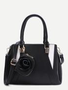Romwe Black Patchwork Leather Floral Pendant Shoulder Bag
