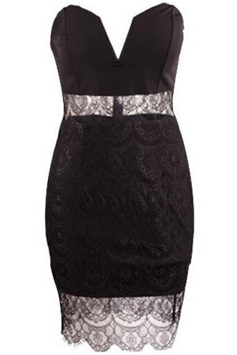Romwe Strapless V Cut With Sheer Lace Bodycon Black Dress