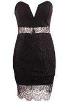 Romwe Strapless V Cut With Sheer Lace Bodycon Black Dress