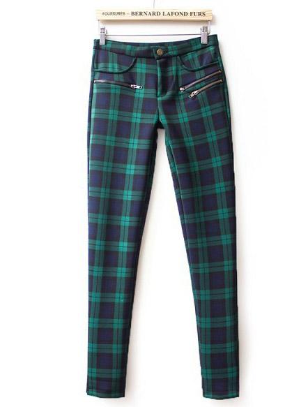 Romwe Green High Waist Plaid Elastic Pant