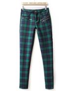 Romwe Green High Waist Plaid Elastic Pant