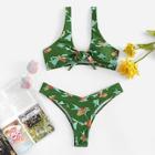 Romwe Floral Knot Front Top With Low Rise Bikini Set