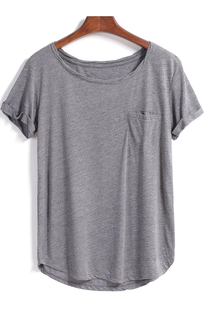 Romwe Grey Short Sleeve Pocket Loose Blouse