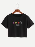 Romwe Fruit Embroidered Crop T-shirt - Black