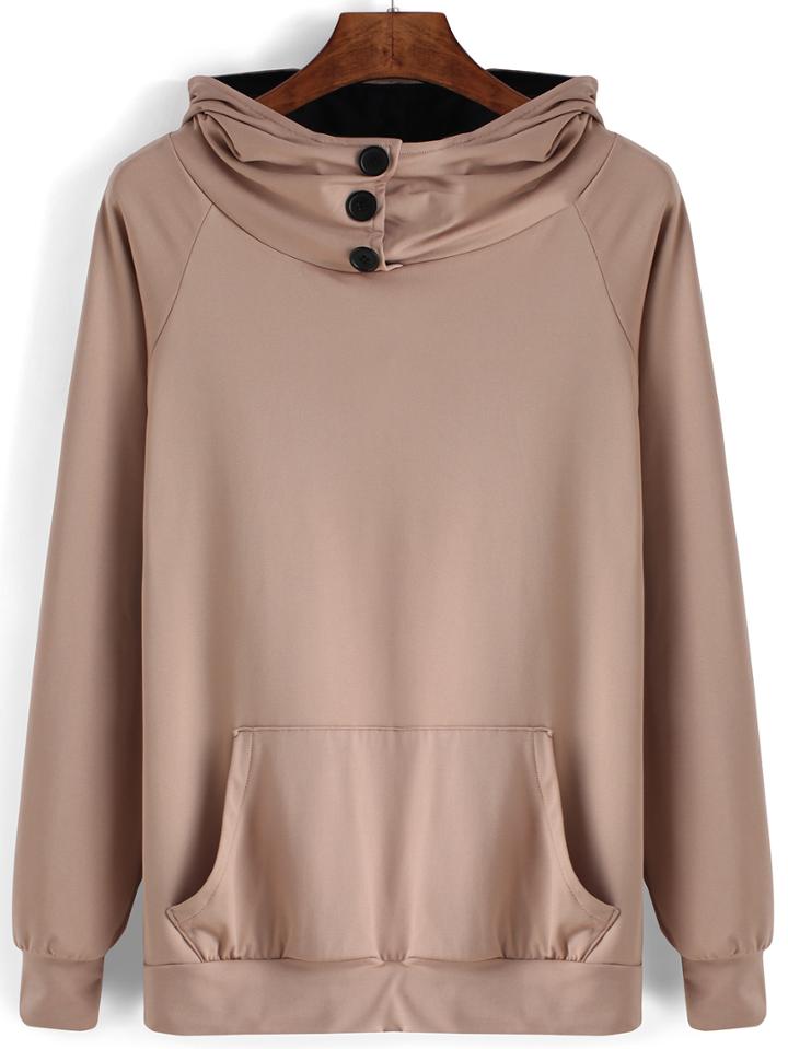 Romwe Hooded Buttons Pocket Khaki Sweatshirt