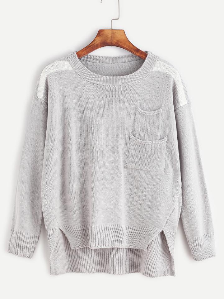 Romwe Grey Contrast Trim High Low Split Side Pockets Sweater
