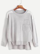 Romwe Grey Contrast Trim High Low Split Side Pockets Sweater