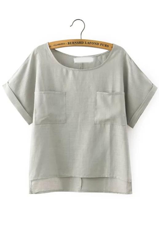 Romwe Dip Hem With Pockets Grey T-shirt