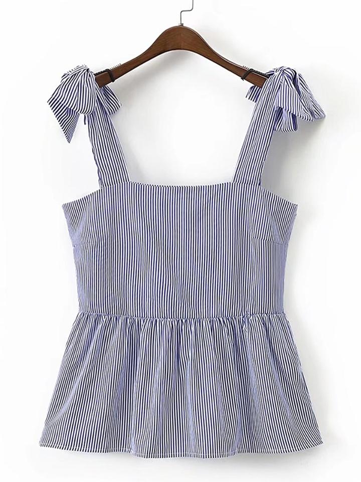 Romwe Bow Tie Shoulder Pinstripe Top