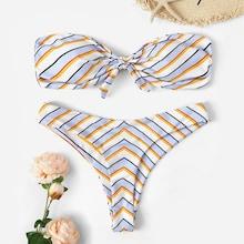 Romwe Striped Knot Front Bandeau Bikini Set