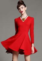 Romwe Red V Neck Long Sleeve Ruffle Slim Dress