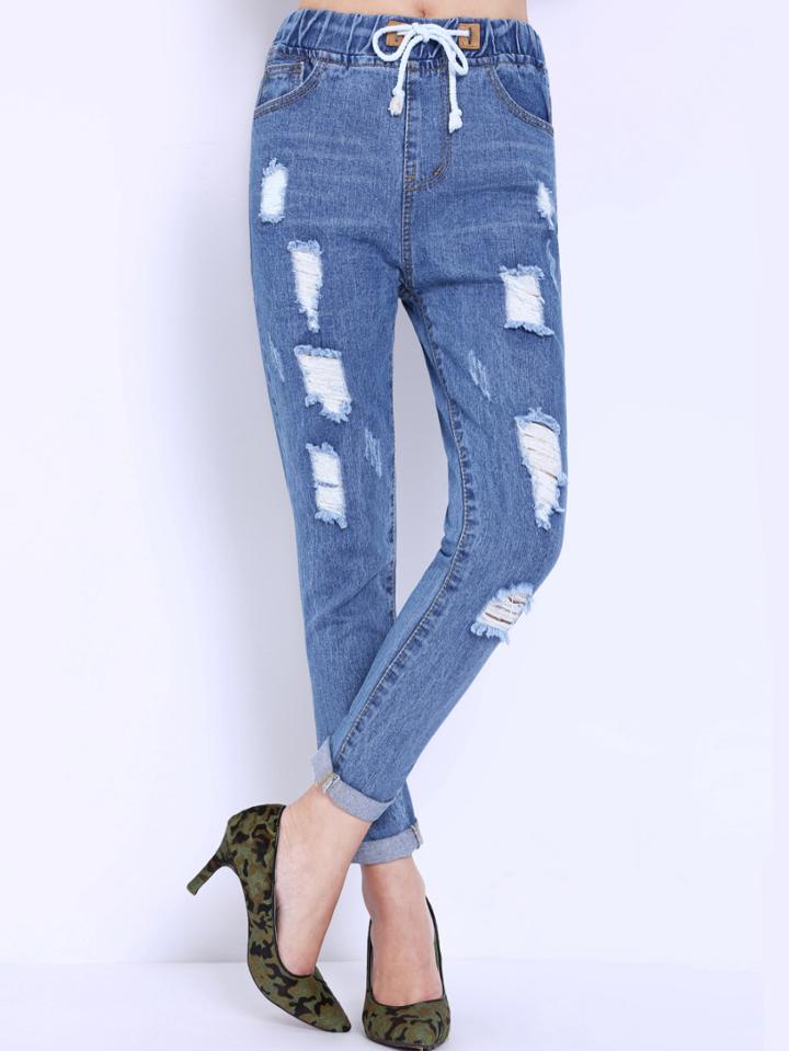 Romwe Drawstring Ripped Denim Pant