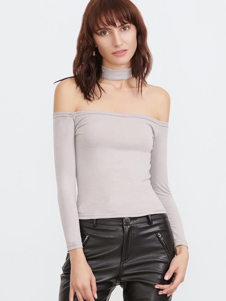 Romwe Pale Grey Choker Neck Tight T-shirt