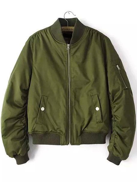 Romwe Stand Collar Zipper Crop Army Green Coat