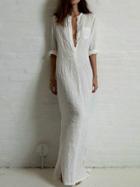 Romwe Deep V Neck Pocket Maxi White Dress