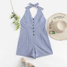 Romwe Single Breasted Striped Halter Jumpsuit