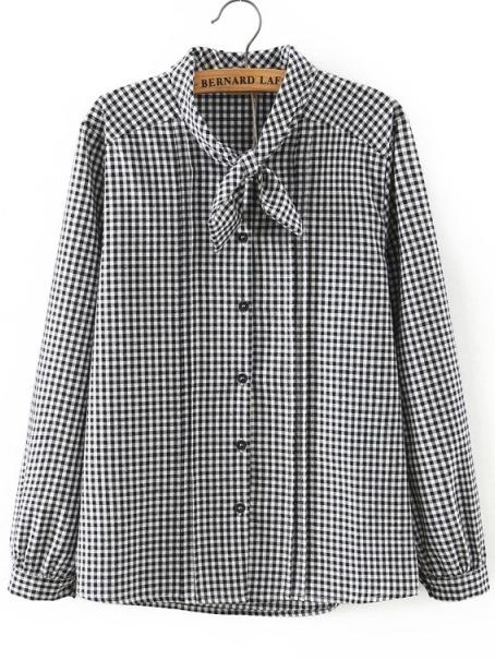 Romwe Tie Neck Plaid Black Blouse
