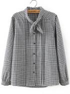 Romwe Tie Neck Plaid Black Blouse