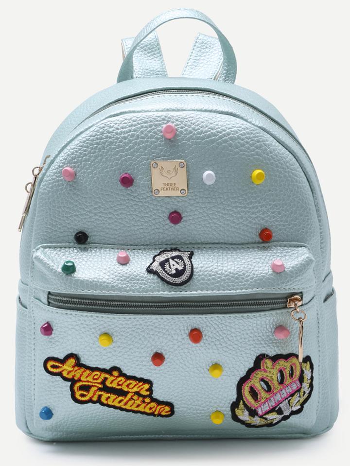 Romwe Blue Pebbled Pu Front Zipper Studded Backpack