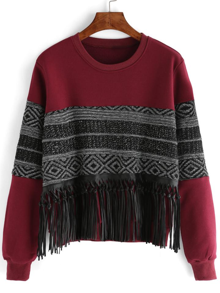 Romwe Contrast Fringe Burgundy Sweatshirt