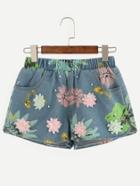 Romwe Elastic Waist Print Floral Applique Beaded Denim Shorts