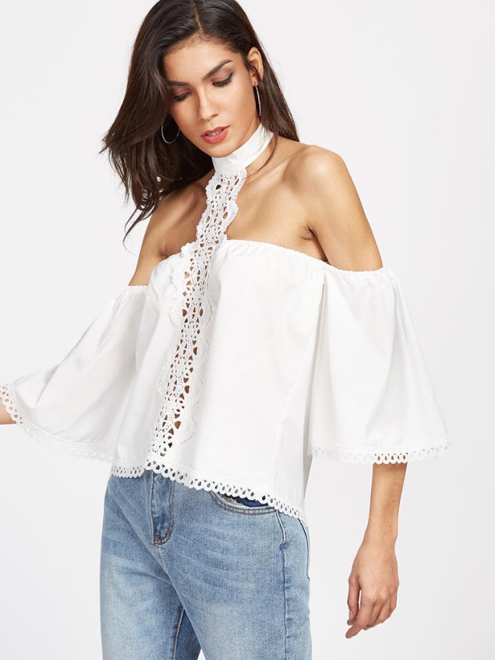 Romwe Choker Bardot Crochet Insert Top