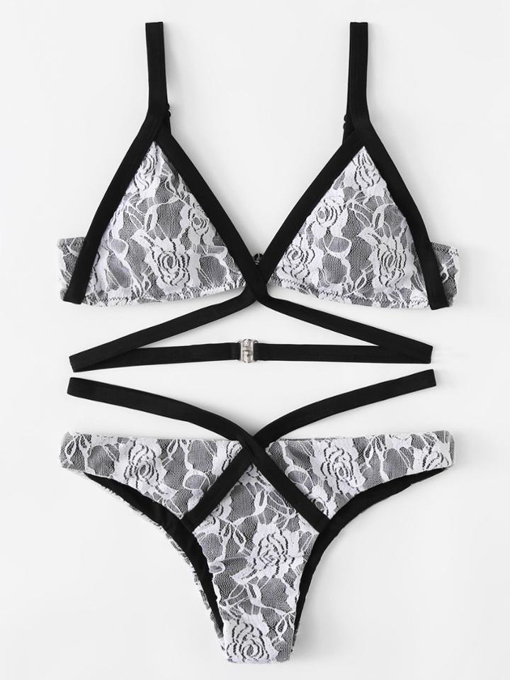 Romwe Contrast Piping Floral Lace Bikini Set