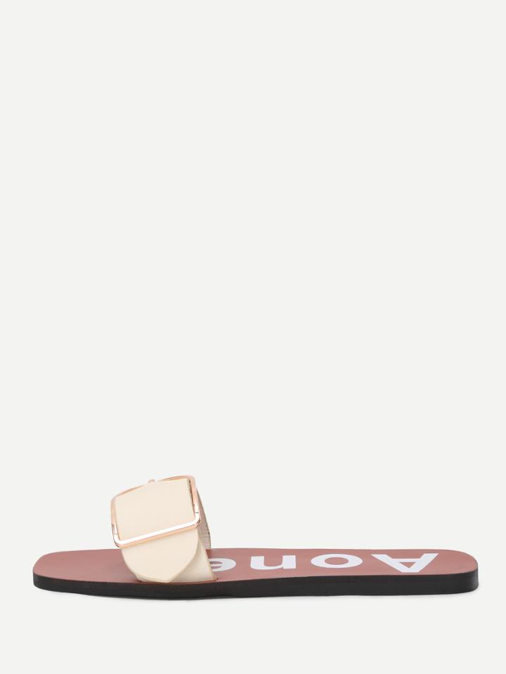 Romwe Apricot Faux Leather Buckle Slides