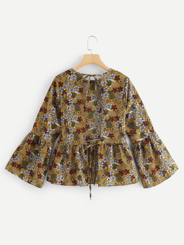 Romwe Floral Print Cut Out Back Top