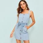 Romwe Button Front Belted Straps Neck Denim Dress