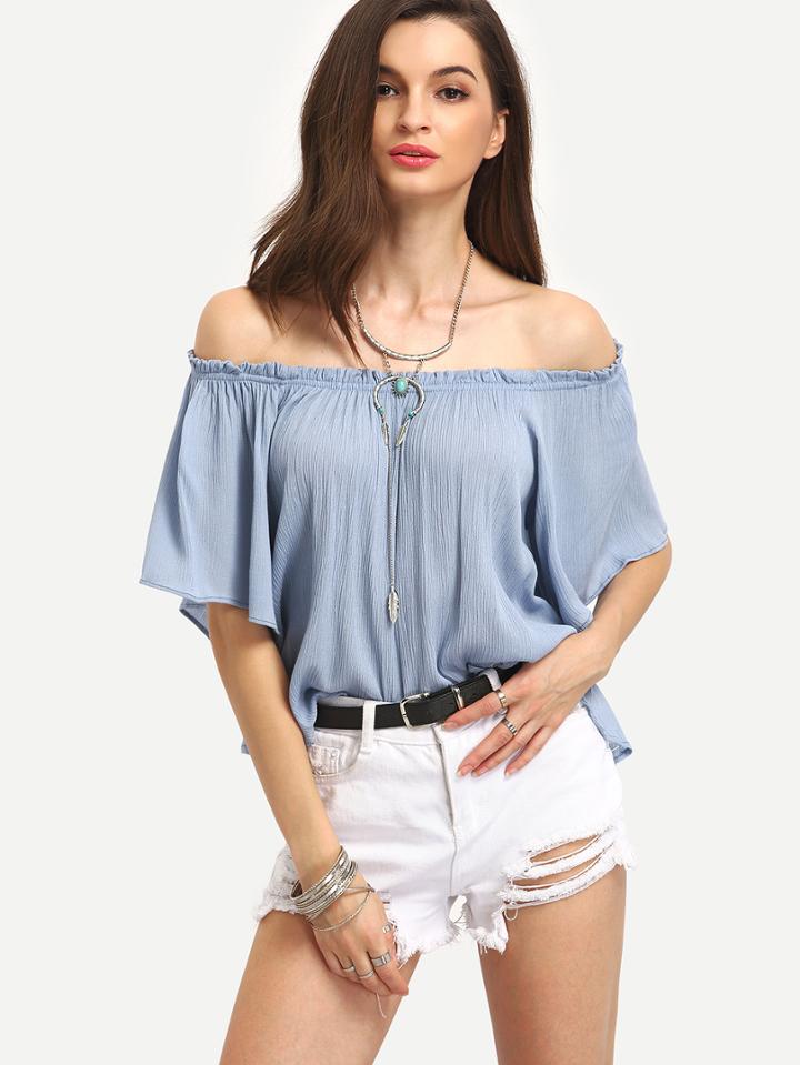 Romwe Ruffled Off-the-shoulder Swing Top - Blue