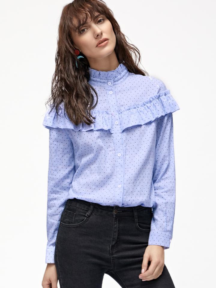 Romwe Blue Polka Dot Print Ruffle Blouse