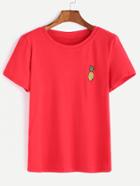 Romwe Red Pineapple Embroidered  T-shirt