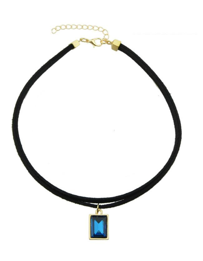 Romwe Blue Pu Rhinestone Choker Necklace