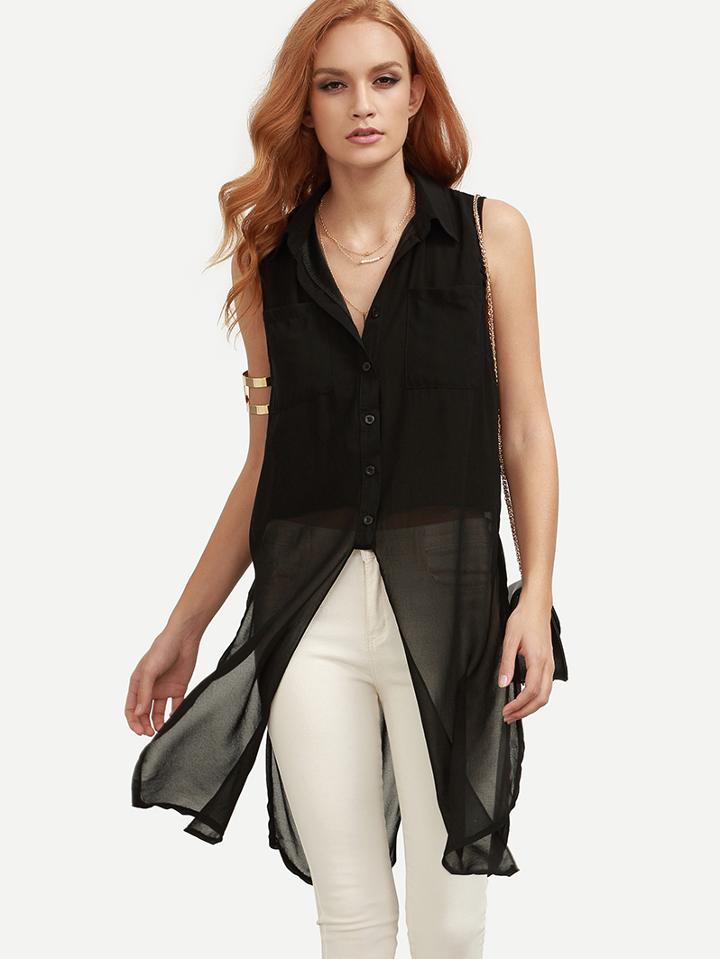 Romwe Black Sleeveless Chiffon Equipment Blouse