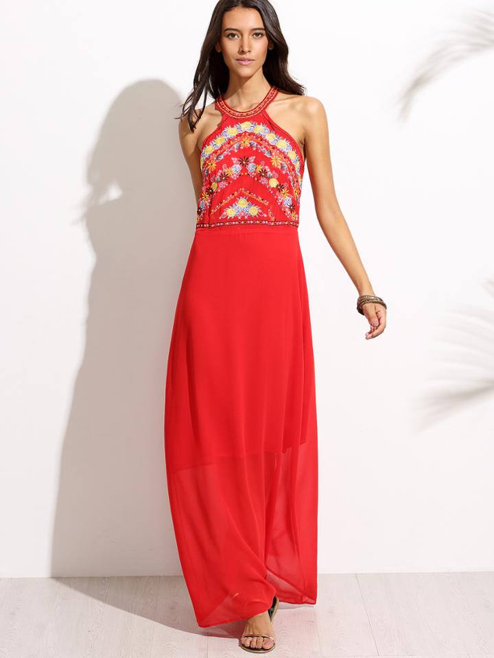 Romwe Red Halter Embroidery Hollow Back Maxi Dress