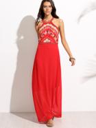 Romwe Red Halter Embroidery Hollow Back Maxi Dress