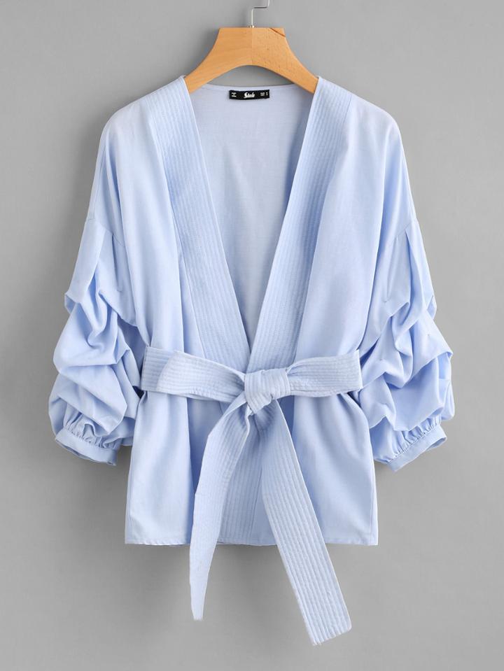 Romwe Gathered Sleeve Stitch Detail Belted Blazer