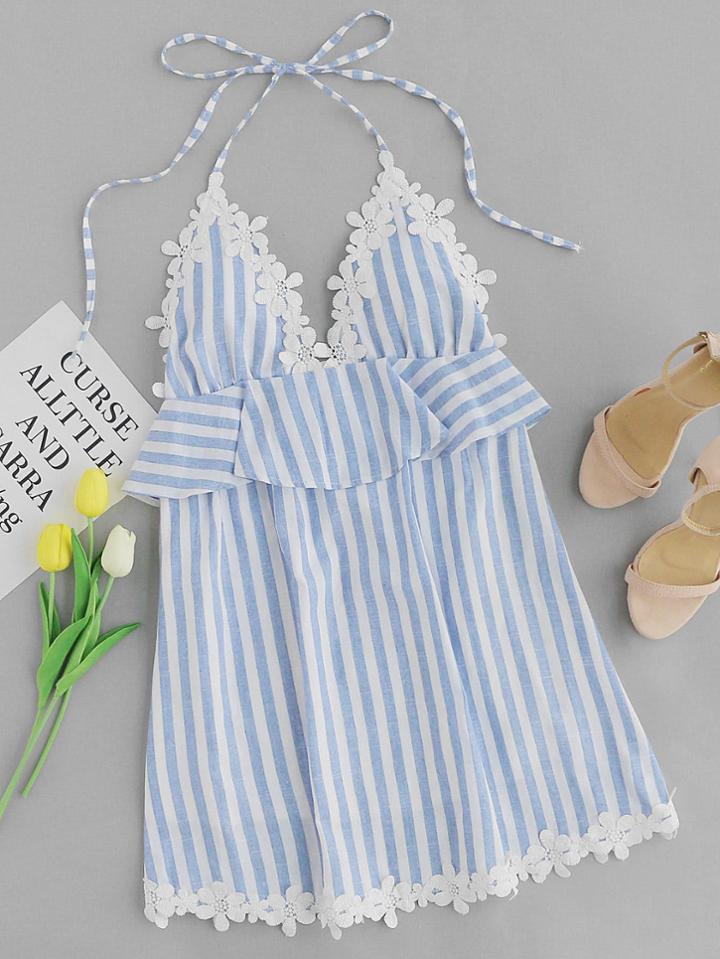Romwe Striped Lace Trim Open Back Halter Frill Dress
