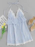 Romwe Striped Lace Trim Open Back Halter Frill Dress